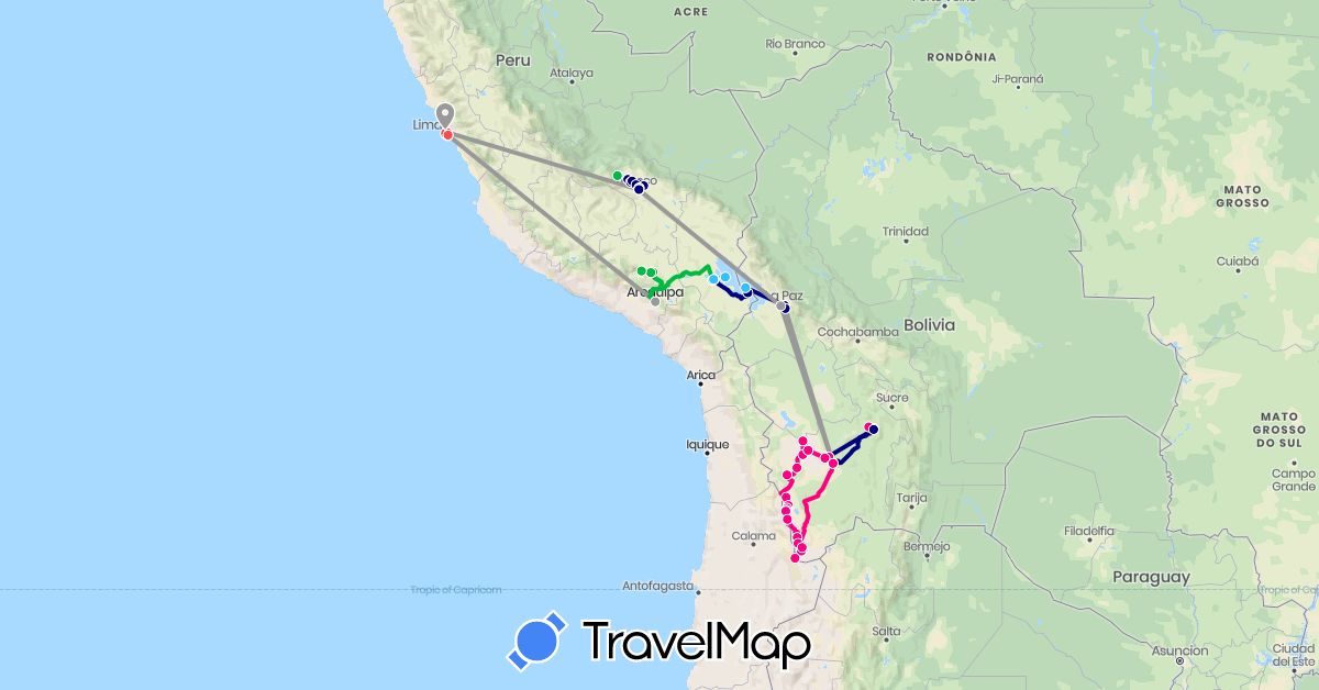 TravelMap itinerary: driving, bus, plane, train, hiking, boat, 4x4 in Bolivia, Peru (South America)