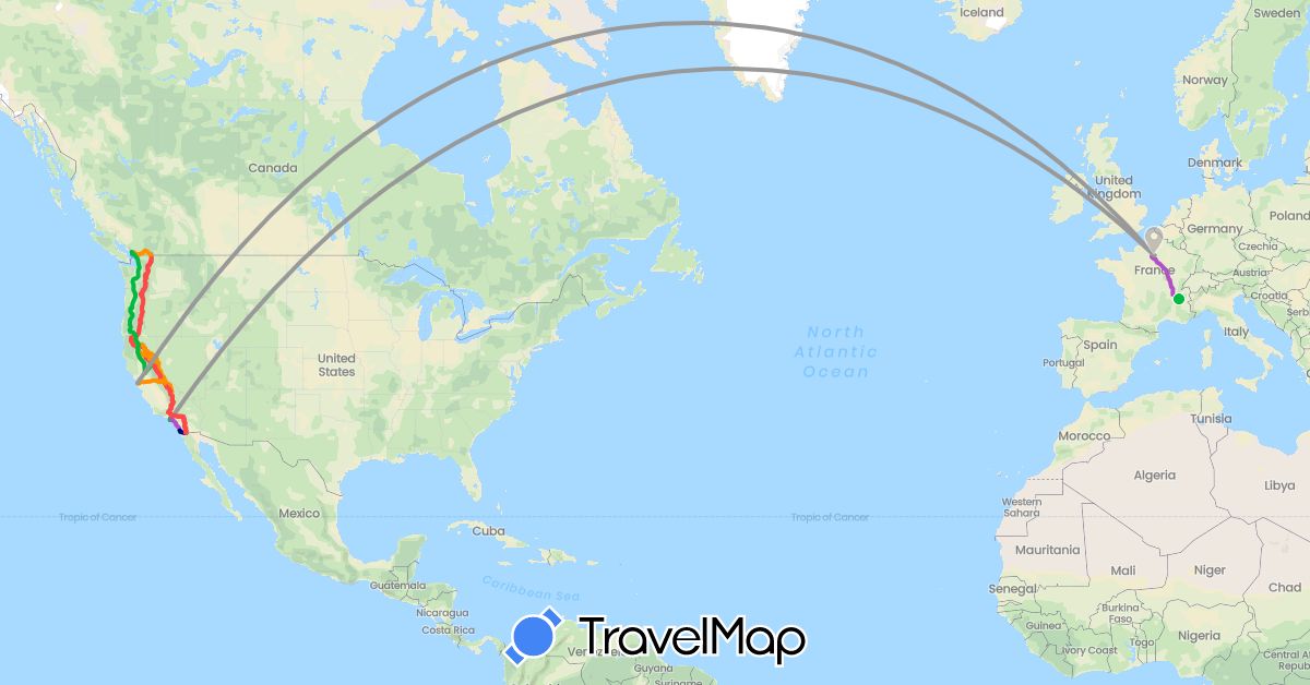 TravelMap itinerary: driving, bus, plane, train, hiking, hitchhiking in Canada, United States (North America)
